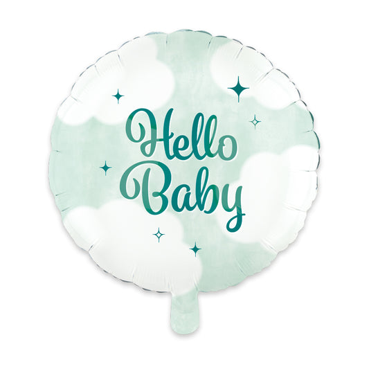Ronde folieballon van 45 cm, wit met mintgroene wolkjes en de tekst Hello Baby