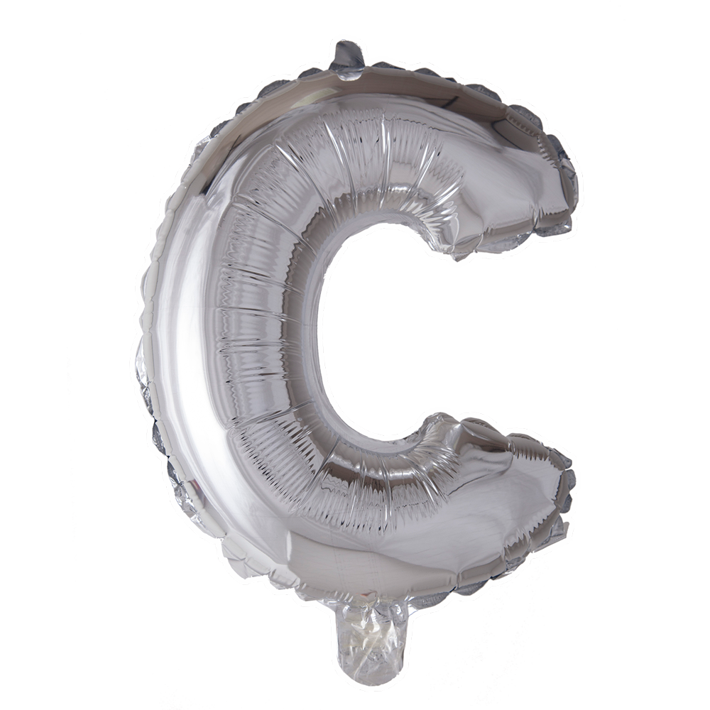 Zilverkleurige XL folieballon in de vorm van de letter C, 101 cm hoog