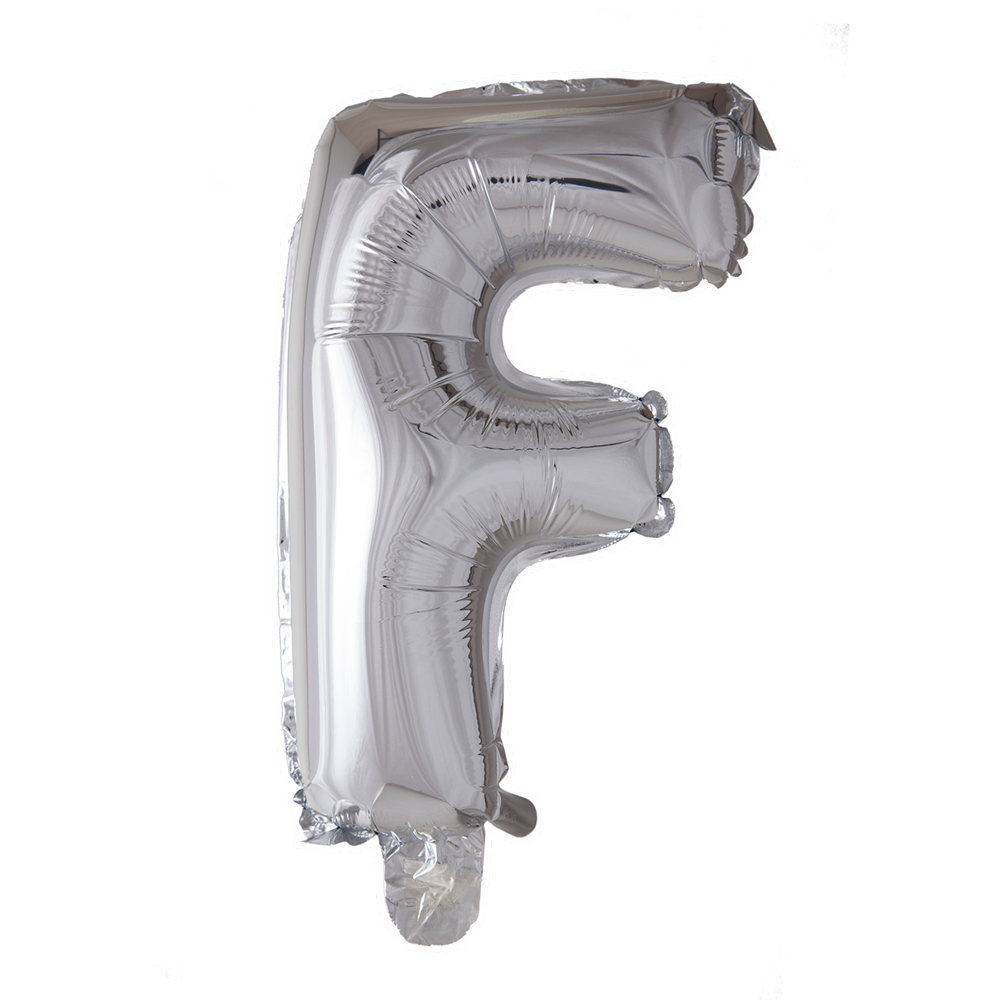 Zilverkleurige XL folieballon in de vorm van de letter F, 101 cm hoog