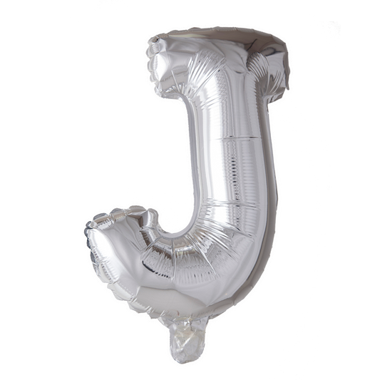 Zilverkleurige XL folieballon in de vorm van de letter J, 101 cm hoog