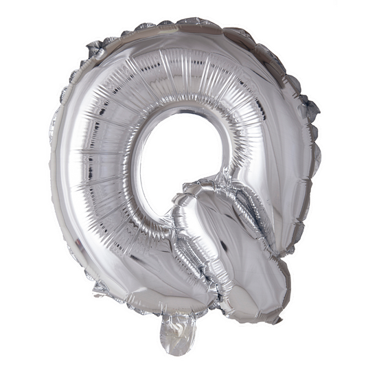 Zilverkleurige XL folieballon in de vorm van de letter Q, 101 cm hoog