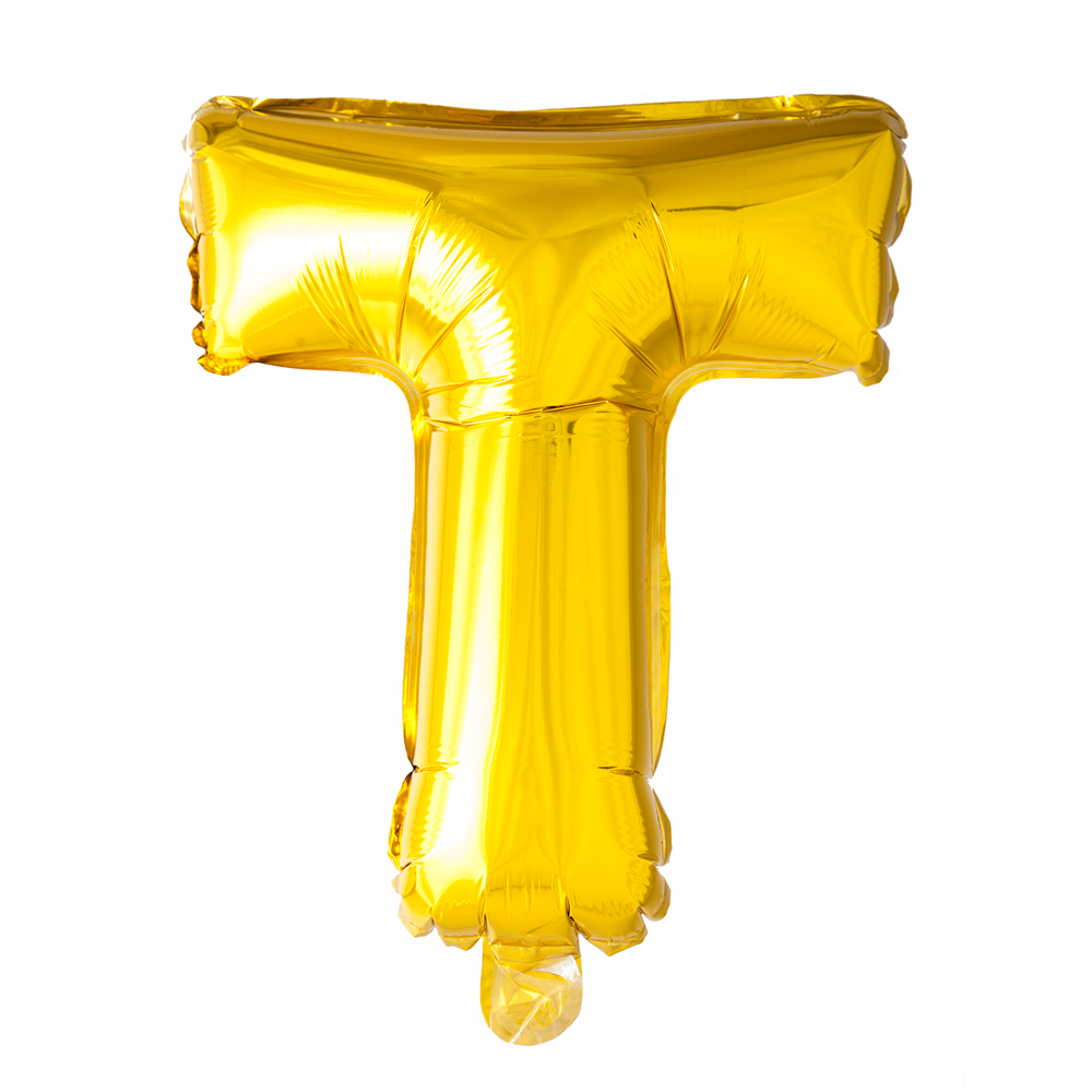 Goudkleurige XL folieballon in de vorm van de letter T, 101 cm hoog