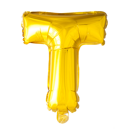 Goudkleurige XL folieballon in de vorm van de letter T, 101 cm hoog