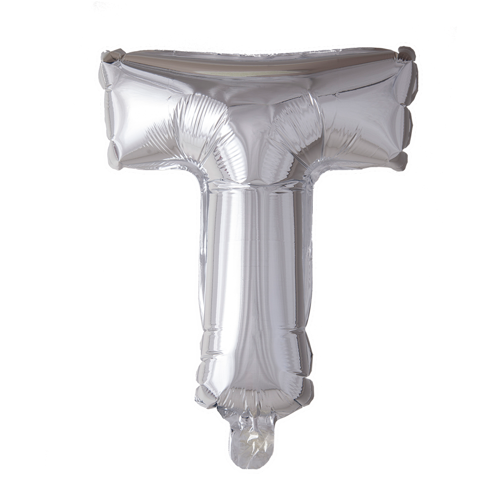 Zilverkleurige XL folieballon in de vorm van de letter T, 101 cm hoog