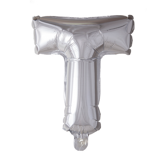 Zilverkleurige XL folieballon in de vorm van de letter T, 101 cm hoog