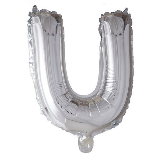 Zilverkleurige XL folieballon in de vorm van de letter U, 101 cm hoog