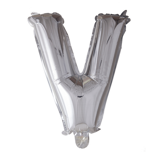 Zilverkleurige XL folieballon in de vorm van de letter V, 101 cm hoog