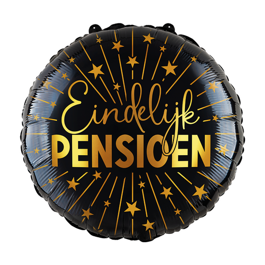 Ronde folieballon van 45 cm in zwart met de gouden tekst Eindelijk Pensioen