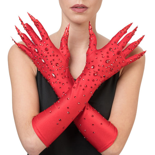 Handschoenen duivelin rood met klauwen (45 cm)