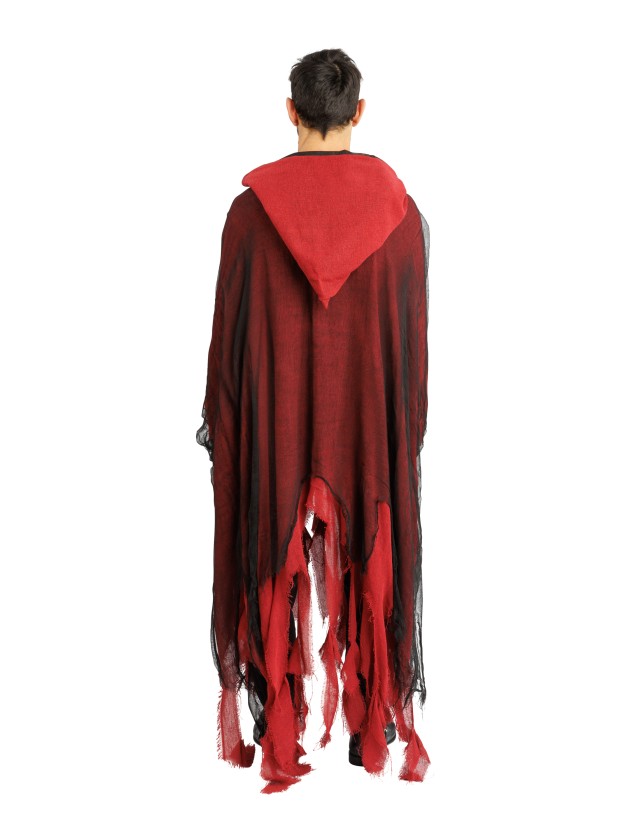Bordeauxrode gerafelde cape met capuchon en zwarte rand - productfoto 4