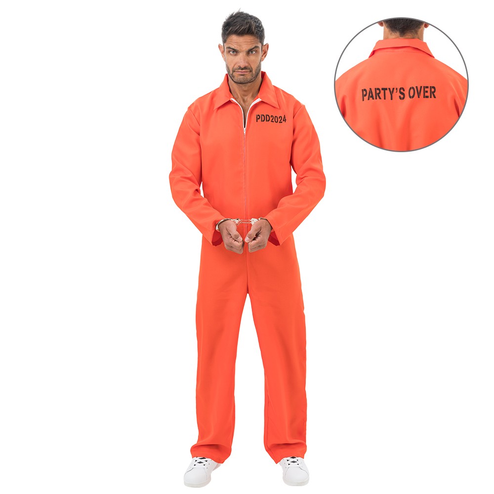 Man in oranje gevangenisoverall met tekst Party's Over