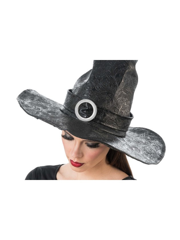 Zwarte heksenhoed in leerlook met zilverkleurige gesp - productfoto 2