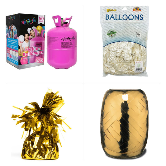 Inhoud van het heliumpakket: heliumtank, 100 latex ballonnen, twee gouden ballongewichten en gouden lint