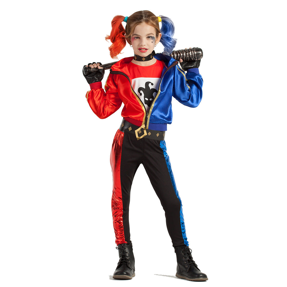 Kind in kleurrijk Jester Fatale narrenkostuum