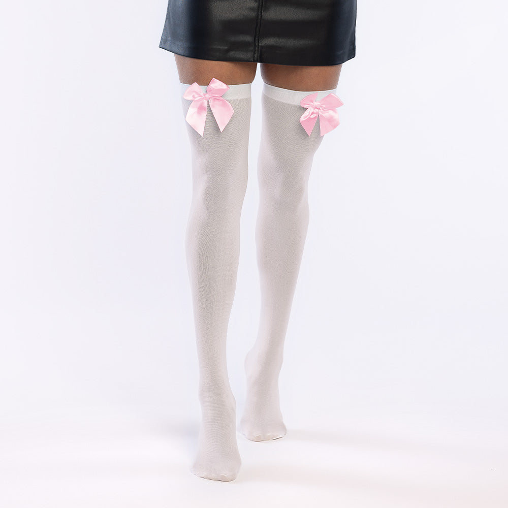 Witte kniekousen met roze strik
