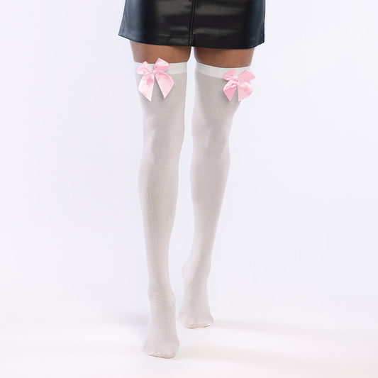 Witte kniekousen met roze strik