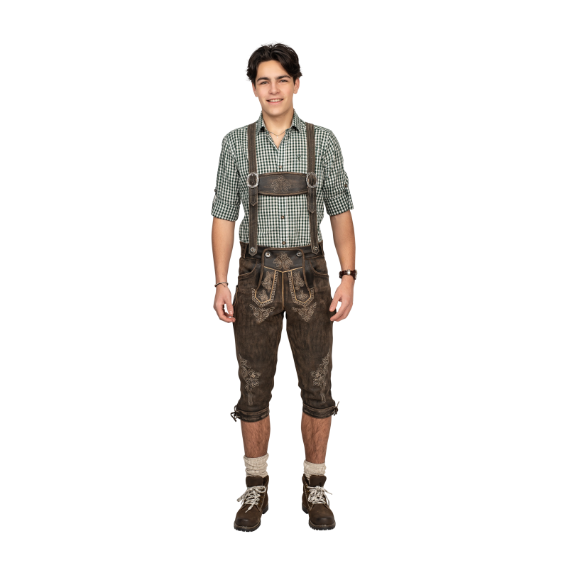 Kniebund-lederhose in vintage bruin met H-bretels, heren
