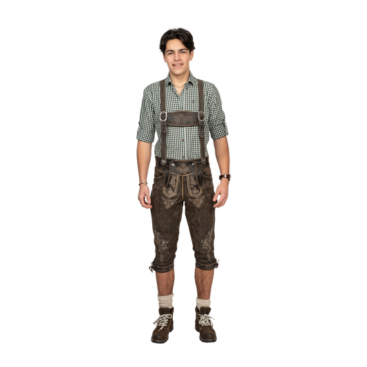Kniebund-lederhose in vintage bruin met H-bretels, heren