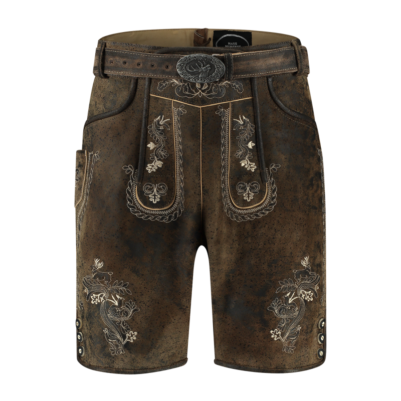 Korte lederhose in antiek bruin met riem, heren