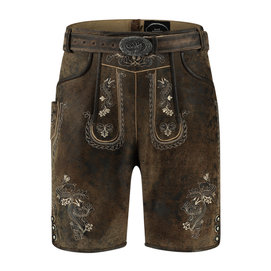 Korte lederhose in antiek bruin met riem, heren