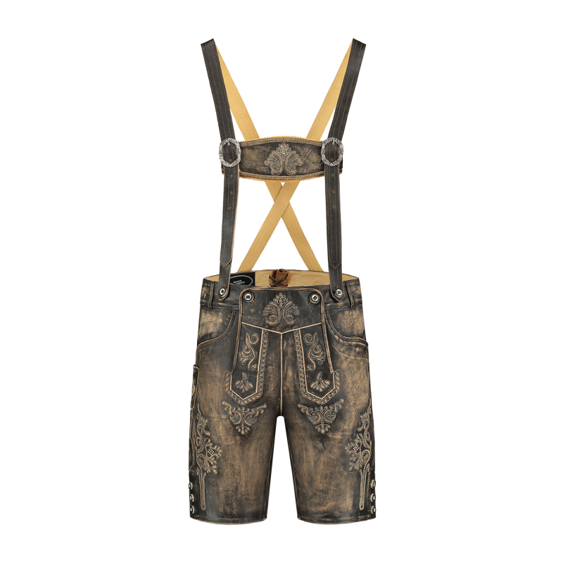 Korte lederhose in vintage bruin met H-bretels, heren