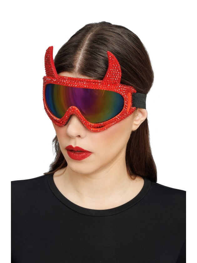 Skibril duivel met hoorns en strass rood - foto 2