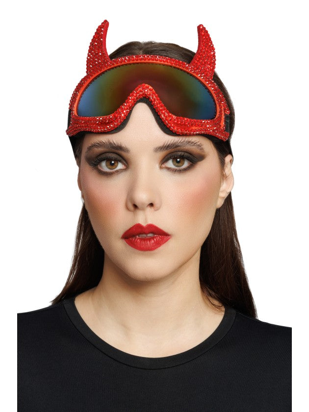 Skibril duivel met hoorns en strass rood - foto 3