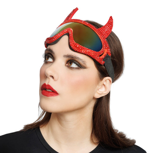 Skibril duivel met hoorns en strass rood
