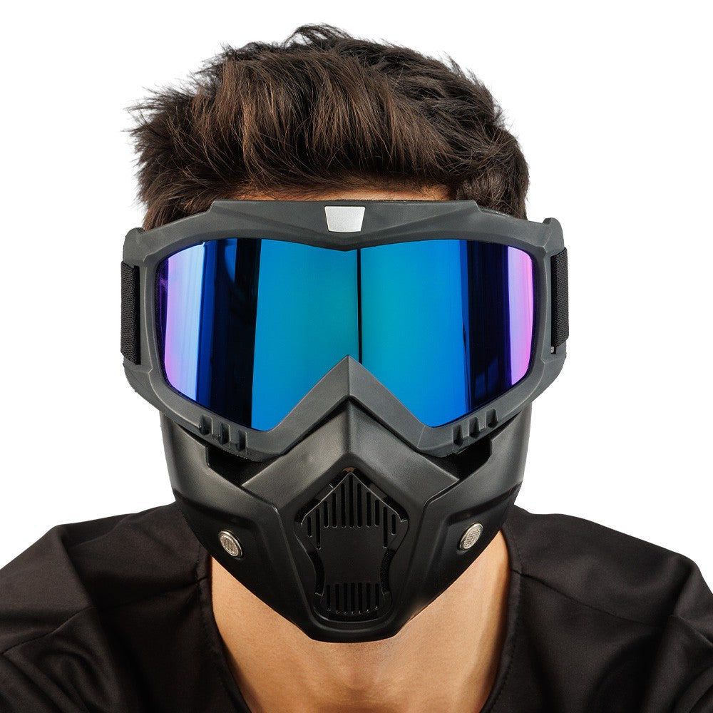 Zwart gezichtsmasker met blauw spiegelende bril