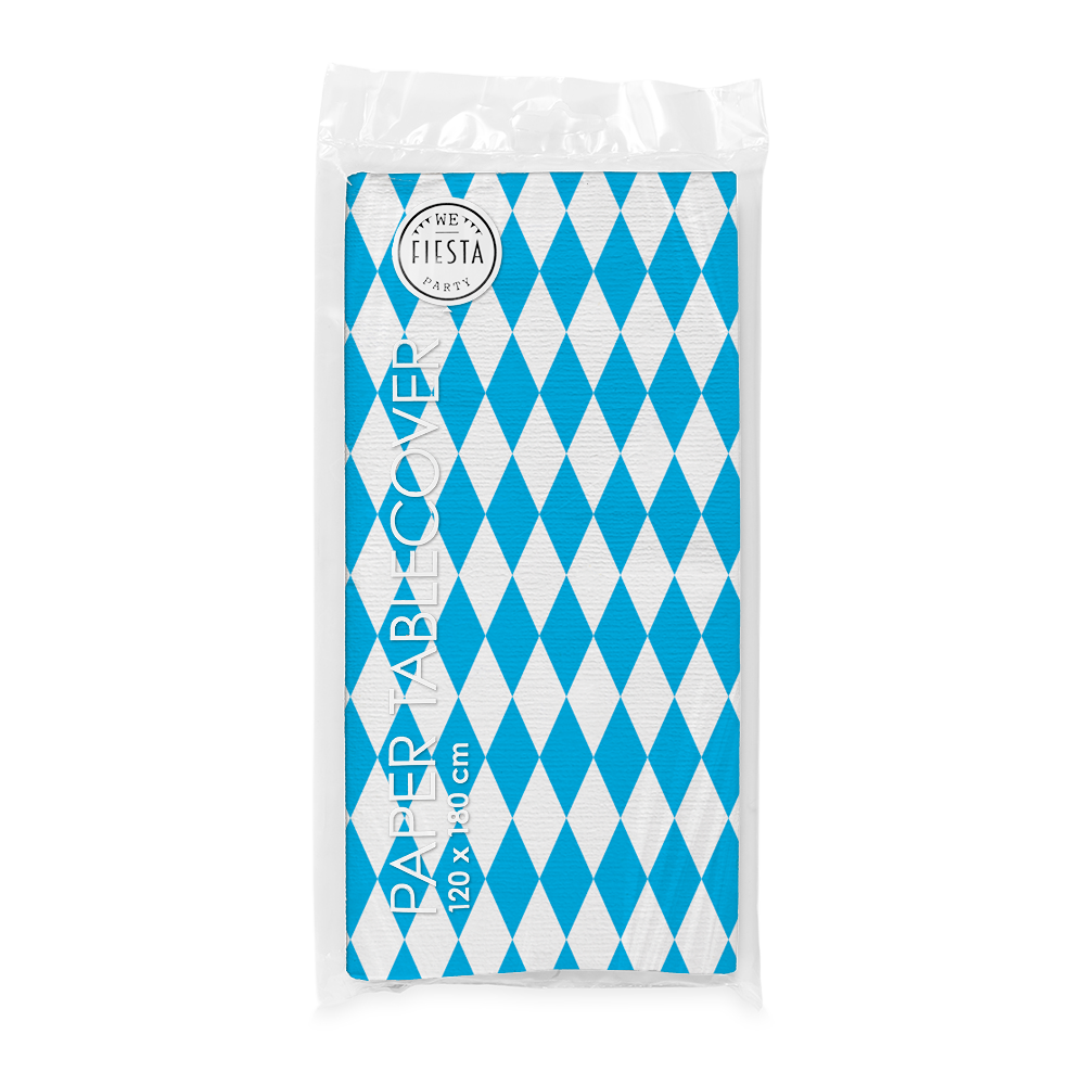Blauw-wit geruit Beiers papieren tafelkleed van 120 bij 180 cm op een gedekte feesttafel