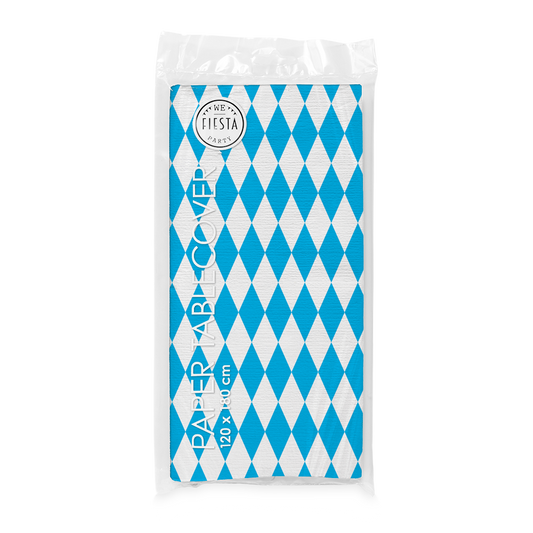 Blauw-wit geruit Beiers papieren tafelkleed van 120 bij 180 cm op een gedekte feesttafel