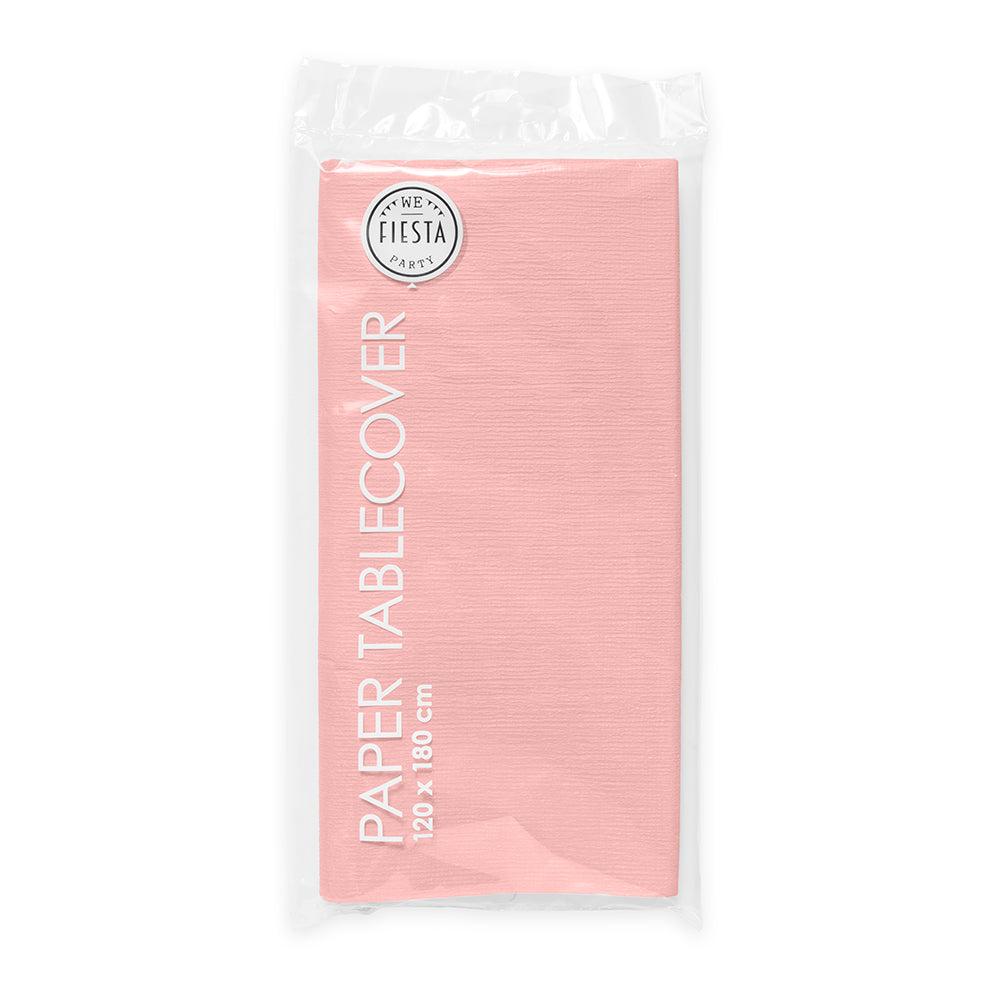 Roze papieren tafelkleed van 120 bij 180 cm op een gedekte feesttafel