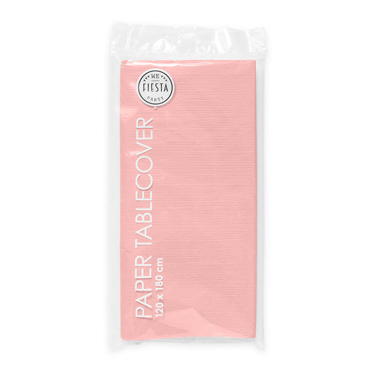 Roze papieren tafelkleed van 120 bij 180 cm op een gedekte feesttafel