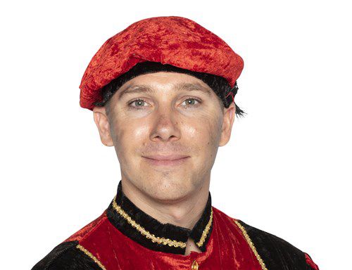 Pietbaret velours rood met struisveer