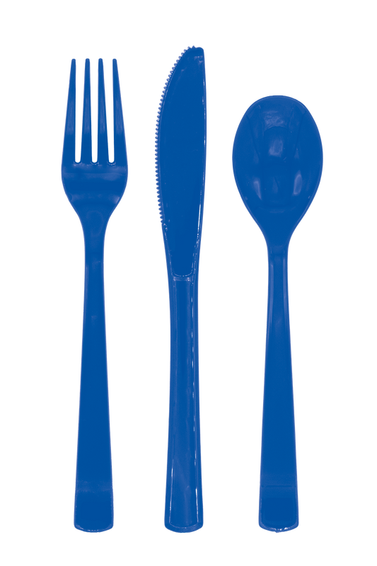Plastic bestek in donkerblauw: vork, mes en lepel uit een set van 18 delen