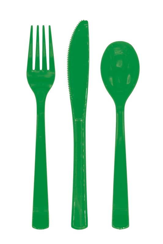Plastic bestek in donkergroen: vork, mes en lepel uit een set van 18 delen