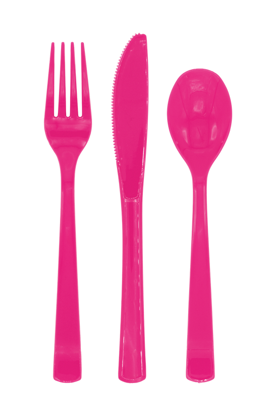 Plastic bestek in hot pink: vork, mes en lepel uit een set van 18 delen