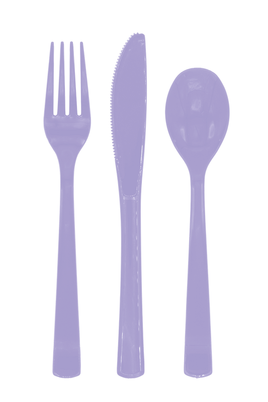 Plastic bestek in lavendel: vork, mes en lepel uit een set van 18 delen