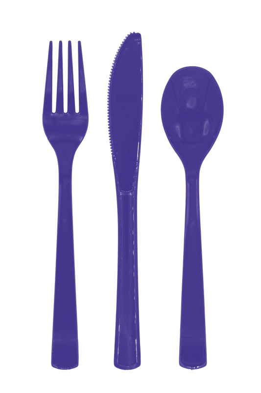 Plastic bestek in paars: vork, mes en lepel uit een set van 18 delen