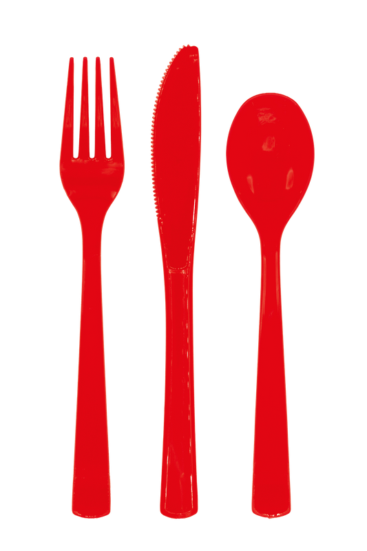 Plastic bestek in rood: vork, mes en lepel uit een set van 18 delen