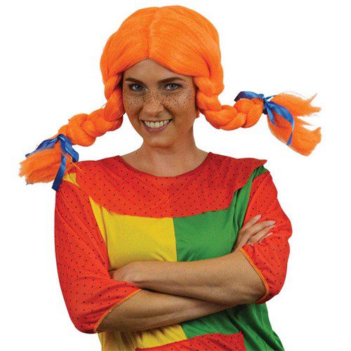 Pruik Pippi oranje met vlechten