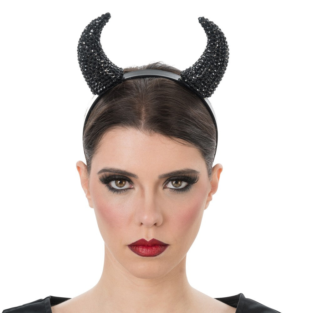 Diadeem duivelshoorns strass zwart