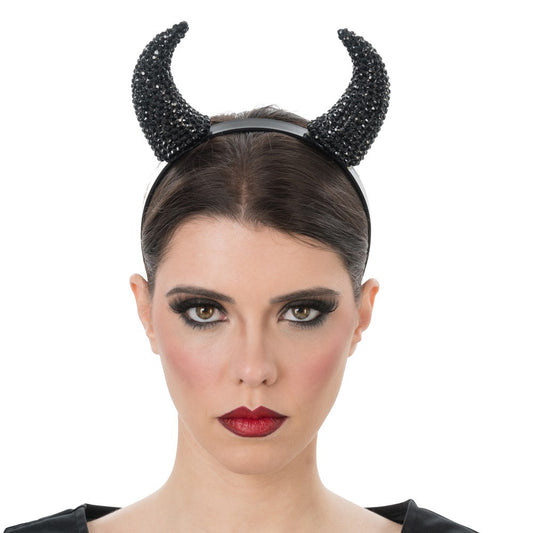 Diadeem duivelshoorns strass zwart