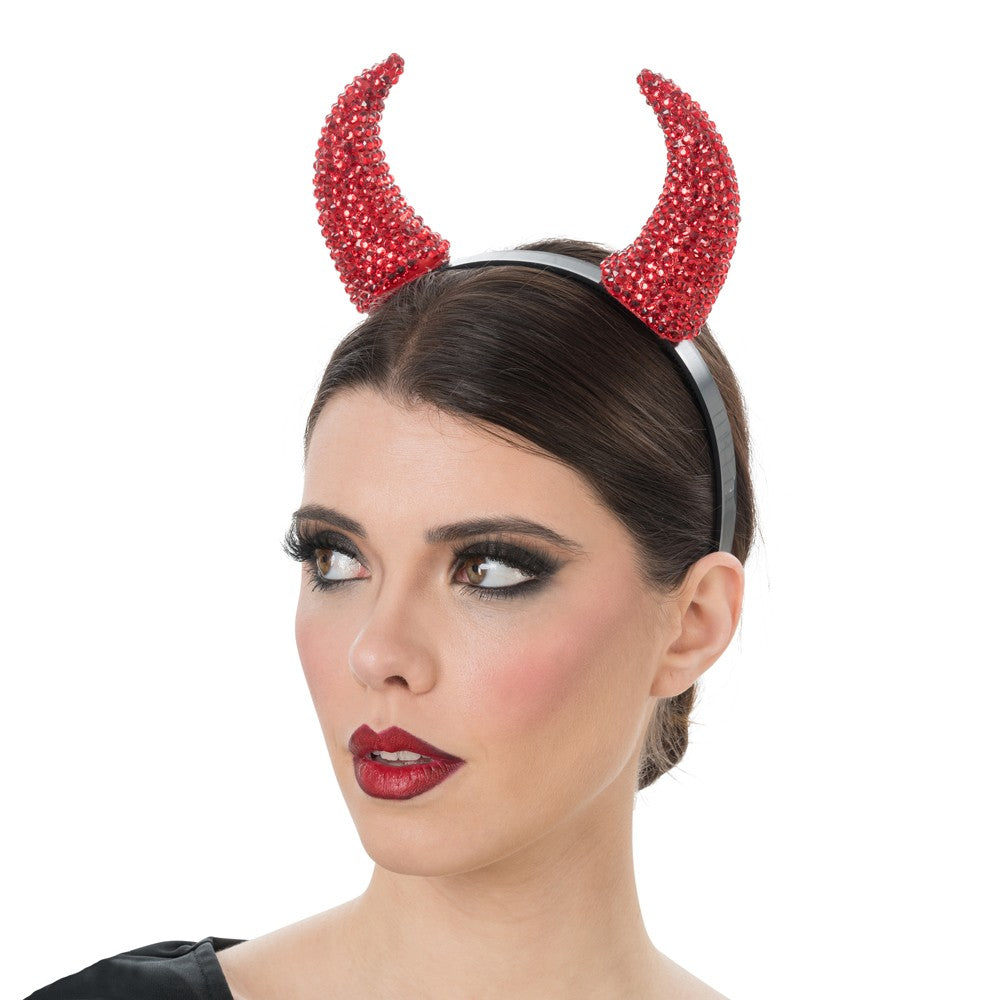 Diadeem duivelshoorns strass rood