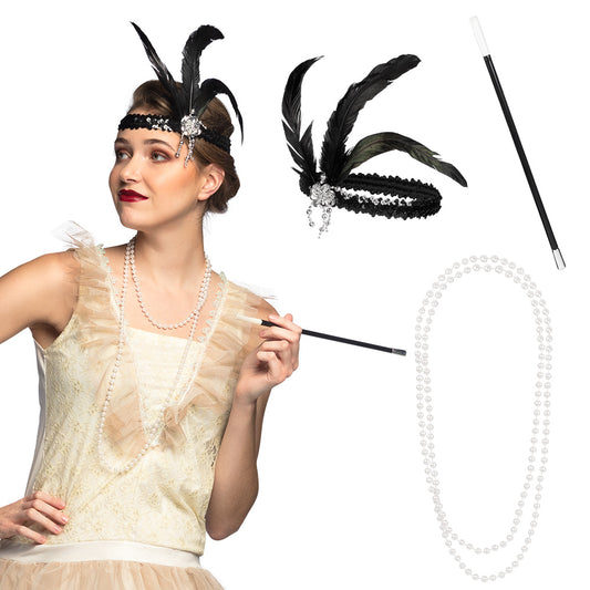 Set Flapper met hoofdband, ketting en sigarettenhouder