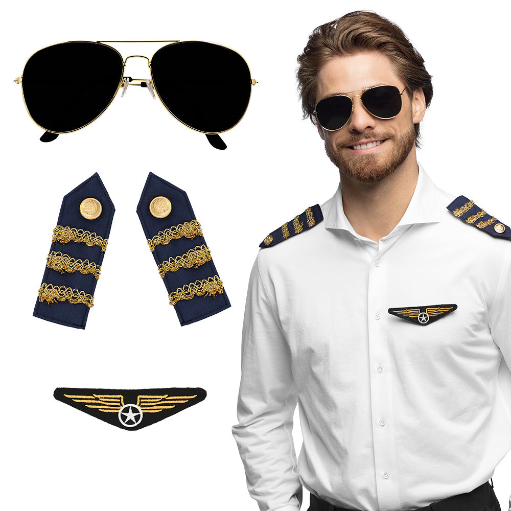 Set Piloot met partybril, badge en schouderstukken