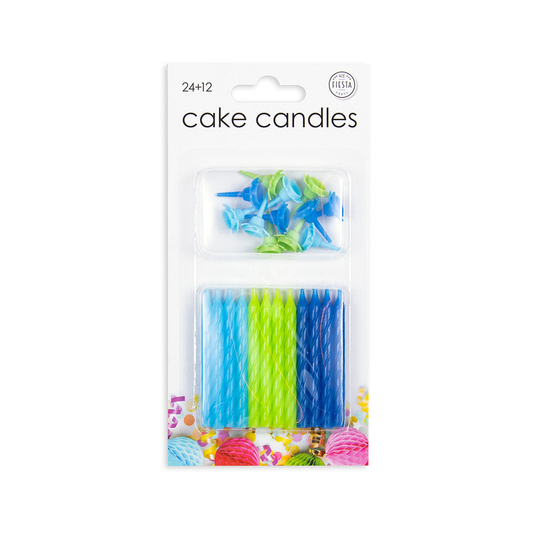 Blauwe taartkaarsjes met houders, set van 24
