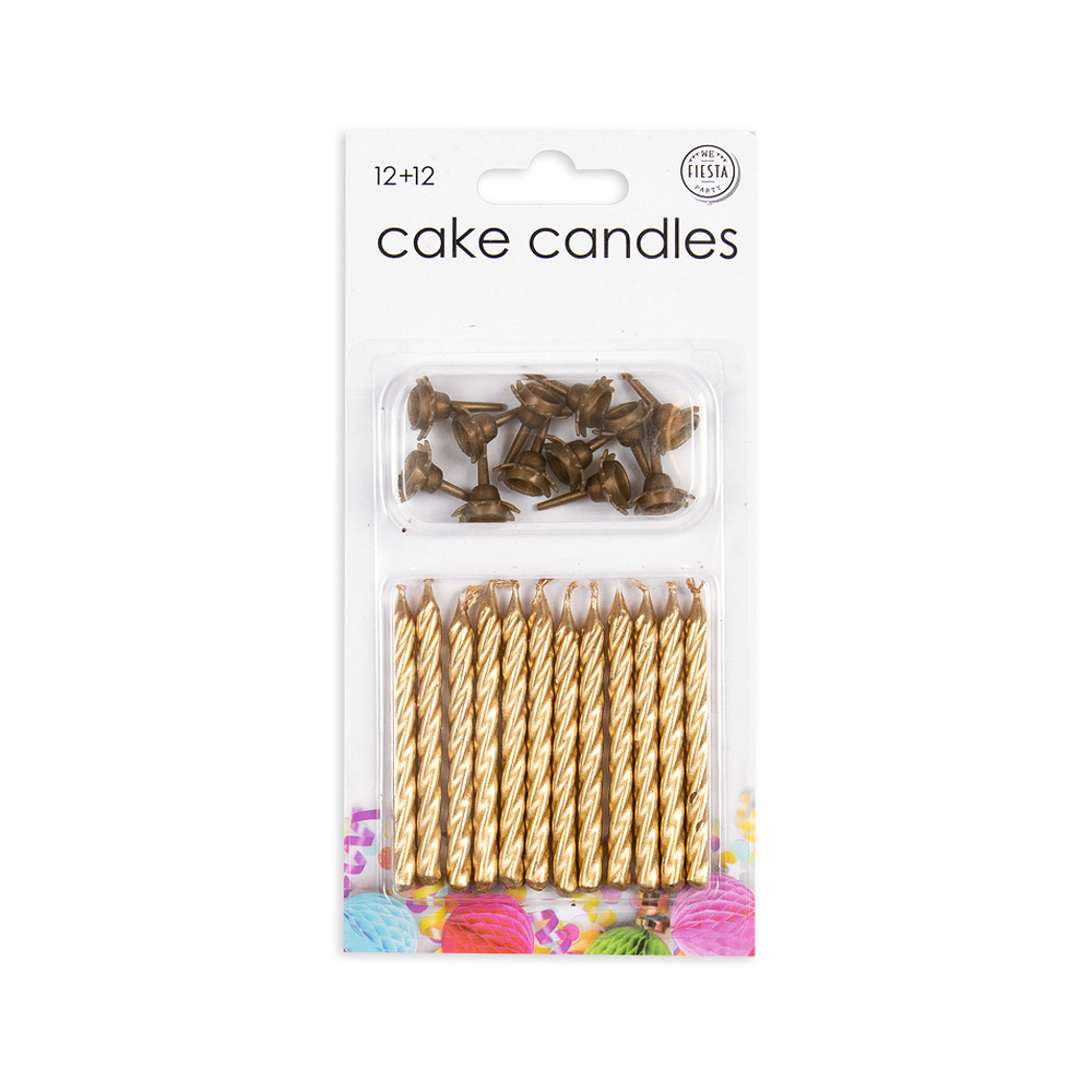 Gouden taartkaarsjes met houders, set van 12