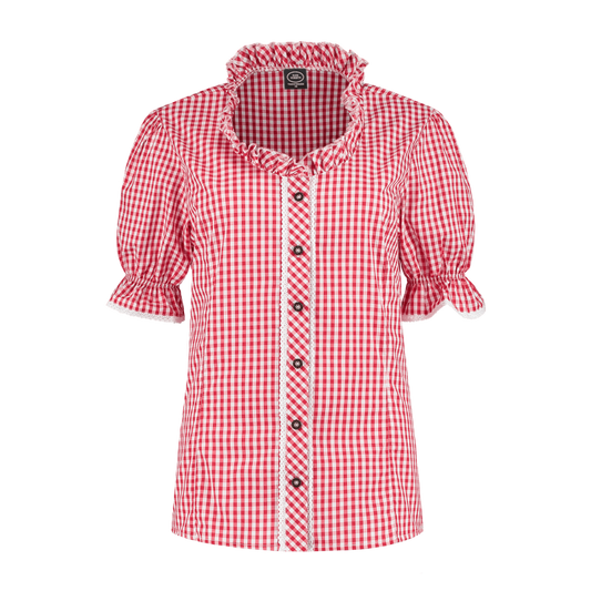 Rood-wit geruite trachtenblouse met ruchekraag, dames