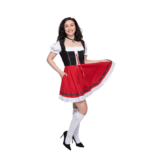 Korte dirndl Gabi met zwart lijfje en rode rok